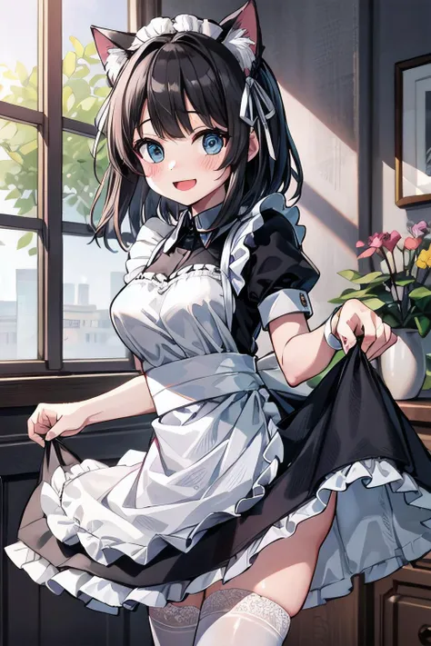 <lyco:GoodHands:1.0>, <lora:add_detail:0.5>, (masterpiece), best quality, dim lighting, 1girl, solo, medium breasts, maid apron, cat ears, maid headdress, hair ribbon, medium hair, black hair, blush, embarassed, open mouth, smile, frills, frilled dress, lace trim, puffy sleeves, white thighhighs, standing, skirt hold, dutch angle