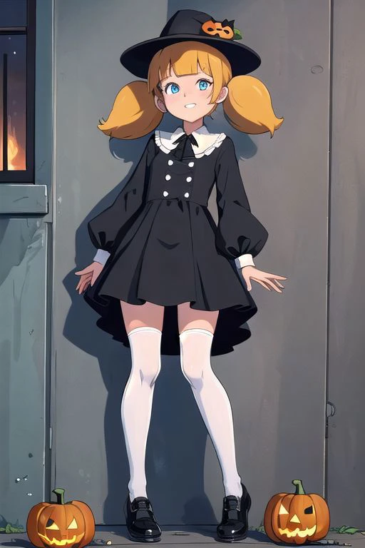 <lora:Penny:1.5>, <lora:Function_Better.Hands:1>, <lora:Function_Better.Feet:0.8>,
masterpiece, best quality, 1girl, penny, blonde hair, twintails, blunt bangs, blue eyes, (wristwatch:0.6), full body,
black witch costume, hat, (smile:0.5), BREAK Halloween, haunted house, black shoes, white socks, jack o lantern, black cat, outside,