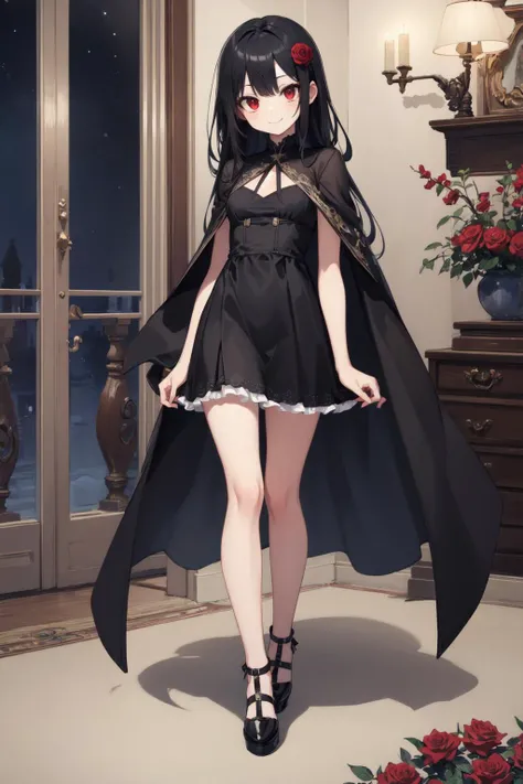 (masterpiece:1.2),best quality,extremely detailed,
BREAK
cute girl,petite girl,solo,shiny skin,small breasts,very long hair,
detailed eyes,perfect anatomy,
cute eyes,(red eyes:1.3),(black hair:1.4),vampire girl,smile,
BREAK
black dress,magical cloak,skirt frills,
BREAK
indoors,luxury home style,red rose,
BREAK
character focus,full body,dark theme,at night,night,
BREAK