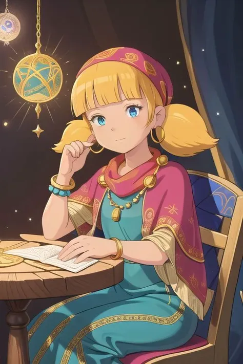 masterpiece, best quality, 1girl, penny, blonde hair, twintails, blunt bangs, blue eyes,
<lora:Penny:1>, (smile:0.7), solo, The gypsy astrologer is draped in layers of rich, flowing fabrics, adorned with a mix of vibrant colors. A headscarf or bandana, intricately patterned, frames their face, where mysterious eyes gaze with a mix of wisdom and enigma. Hoop earrings sway gently, catching the light. Beaded necklaces cascade over embroidered blouses, while bracelets and rings jingle softly with each movement. the gypsy astrologer cradles a crystal ball in weathered hands, its depths Seated at a worn wooden table, the gypsy astrologer cradles a crystal ball in weathered hands, its depths revealing glimpses of cosmic secrets. Tarot cards, worn with use, are spread across the table, each card telling a story of fate. The air is filled with an aura of ancient knowledge, accentuated by the faint scent of incense lingering in the background. Around the astrologer, the tent is adorned with celestial symbols, zodiac signs, and planetary alignments. Deep purples and indigos create a backdrop reminiscent of a night sky, where stars twinkle in a dance of fate. The atmosphere is both mystical and grounded, a balance of earthly wisdom and cosmic insight embodied by the gypsy astrologer., epic royal background, big royal uncropped crown, royal jewelry, robotic, nature, full shot,