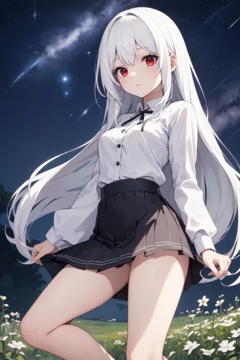 (masterpiece:1.2),best quality,extremely detailed,
BREAK
cute girl,solo,shiny skin,small breasts,very long hair,
detailed eyes,perfect anatomy,
cute eyes,(red eyes:1.3),(white hair:1.4),
BREAK
casual wear,white shirt,black skirt,
BREAK
meadow,galaxy sky,shooting star,at night,
BREAK
character focus,
BREAK