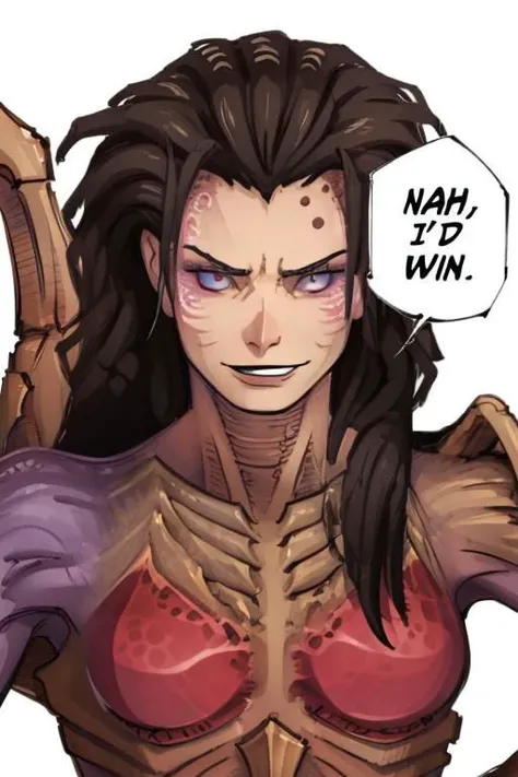 nahidwin, speech bubble, english text,
close-up,zergkerrigan, 1 adult woman, solo focus, fierce facial expression, warrior's smile
