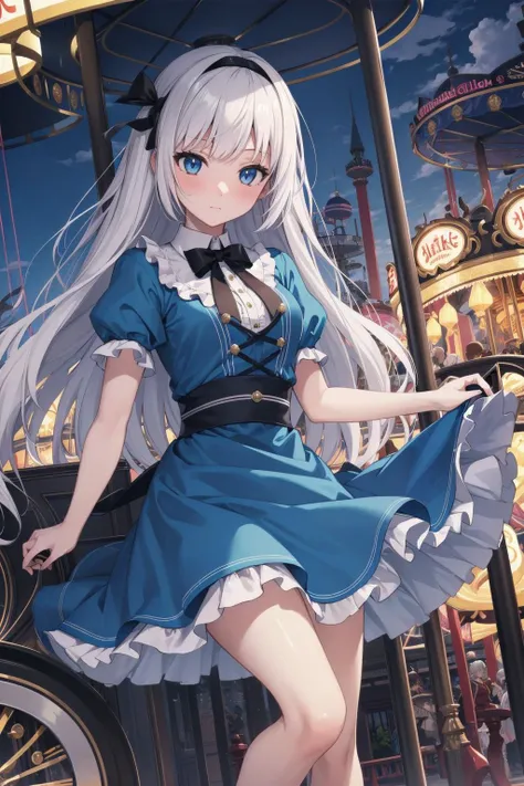 masterpiece, best quality, ultra detailed, highres, extremely detailed CG unity 8k wallpaper, perfect lighting, 1girl, very detailed background, beautiful and aesthetic,
day, blue sky, cloud, amusement park,
long hair, alice in wonderland, blue dress,pumps, white hair, dark persona, full-face blush, carousel,