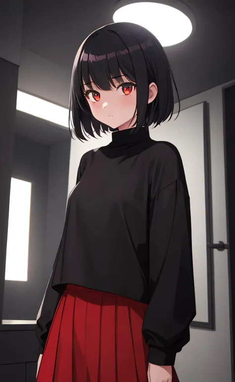 cinematic lighting, 1girl, black clothes, red, looking at viewer