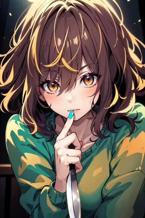 girl, upper body, brunette, orange eyes, green sweater, hand on own face, shushing, holding knife, dimmed light, indoors, standing, hand up, blue fingernails
