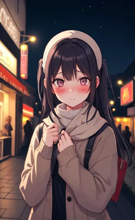 cinematic lighting, outdoor, night, city, 1girl, blush, looking at viewer