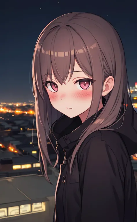 cinematic lighting, outdoor, night, city, 1girl, blush, looking at viewer
