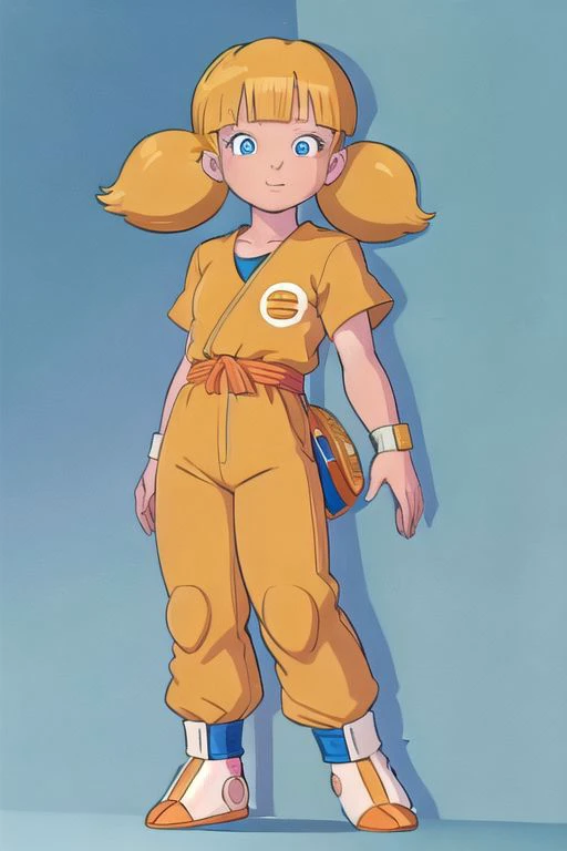 masterpiece, best quality, 1girl, penny, blonde hair, twintails, blunt bangs, blue eyes, <lora:Penny:1>, solo, full body, standing,
happy, closed mouth, dressed in Goku's outfit from Dragonball Z