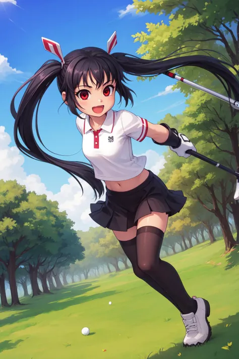 masterpiece, best quality, 1girl, solo, full body, (long twin-tails:1.5), small breasts, (black_hair:1.5),, red eyes, black skirt, white polo shirt, swinging golf club, golfing gloves, <lora:SeeDark_Style_v11:1>, outdoors, golf course, thigh-highs, facing viewer, midriff, skull hairpin, golf bag, (kooh:1.5), (very long hair:1.5), open mouth, smiling, action, dynamic camera angle, closeup, (perspective:1.5)