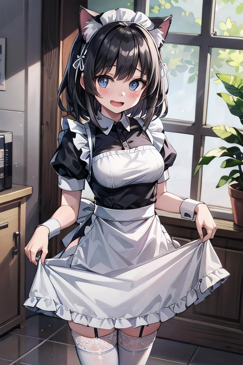 <lyco:GoodHands:1.0>, <lora:add_detail:0.5>, (masterpiece), best quality, dim lighting, 1girl, solo, medium breasts, maid apron, cat ears, maid headdress, hair ribbon, medium hair, black hair, blush, embarassed, open mouth, smile, frills, frilled dress, lace trim, puffy sleeves, white thighhighs, standing, skirt hold, dutch angle