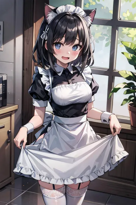 <lyco:GoodHands:1.0>, <lora:add_detail:0.5>, (masterpiece), best quality, dim lighting, 1girl, solo, medium breasts, maid apron, cat ears, maid headdress, hair ribbon, medium hair, black hair, blush, embarassed, open mouth, smile, frills, frilled dress, lace trim, puffy sleeves, white thighhighs, standing, skirt hold, dutch angle