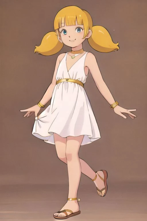 masterpiece, best quality, 1girl, penny, blonde hair, twintails, blunt bangs, flat chest, <lora:Penny:1>, sandals, bracelet, bare shoulders, white dress, dress, thighlet, jewelry, sleeveless, collarbone, thighs, parted lips, closed mouth, gold choker, sleeveless dress, choker, smile