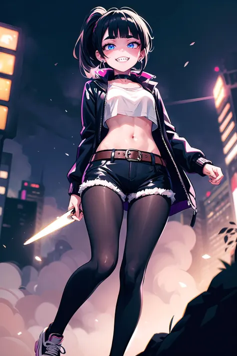 (Masterpiece, best quality, colorful), volumetric light, best shadows, 8k wallpaper, (1girl:1.1), monster girl, (from below:1.2), mischievous, BREAK, looking at viewer, (sharp teeth:1.1), black hair, folded ponytail, blunt bangs, sidelocks, [blue|purple] eyes, yandere, crazy, (crazy smile:1.3), smug face, thick eyebrows, BREAK, earrings, choker, thigh gap, small breasts, open jacket, crop top, shorts, leather belt, sneakers, pantyhose under shorts, megabuildings like in the bladerunner, (holding a shiv), neon city, night, <lora:Mild detail adjusterV10_4:1>,