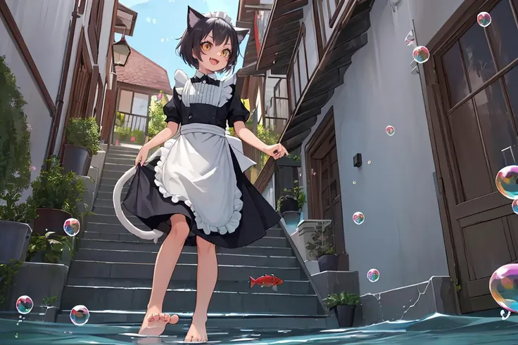 (masterpiece,best quality:1.3), (1girl:1.3), ((extreme detailed)), original, colorful, solo, cat ears, alley, house, from below, ((naked)), cat tail, ((bubbles)), (fish floating), short hair, (cats), water, bare feet, covered nipples, ((looking away)), ((looking at fish)), {{ :<}}, waist apron, stairs