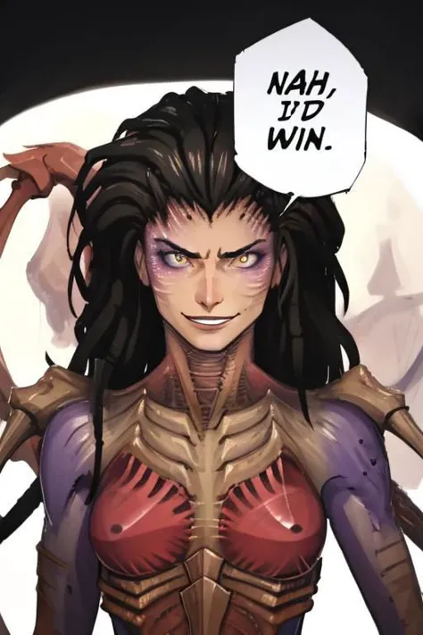 nahidwin, speech bubble, english text,
close-up,zergkerrigan, 1 adult woman, solo focus, fierce facial expression, warrior's smile