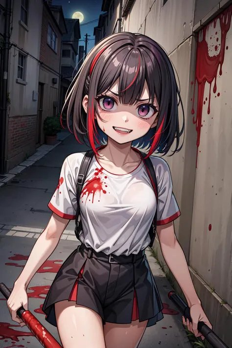 (masterpiece, top quality, best quality, official art, beautiful and aesthetic:1.2), baseball bat , night, dark,alley, angry, streaked multicolored hair, blood splatter, blood on clothes and face, horror, <lora:more_details:0.4> <lora:yameroyandere-v2:0.5> crazy smile, crazy eyes,