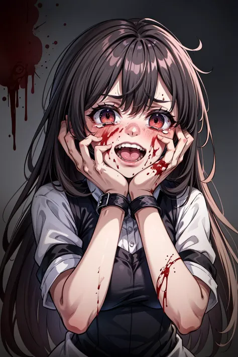 (masterpiece, top quality, best quality, official art, beautiful and aesthetic:1.2), night, dark, angry, streaked multicolored hair, blood splatter, blood on clothes and face, torture cellar, horror,hands on own head, messy hair, (pain:1.2), (bloody tears:1.3) <lora:more_details:0.4> <lora:yameroyandere-v2:0.7> crazy smile, crazy eyes, shaded face,yandere, <lora:screaming:0.8> open_mouth, evil, scream, possessed by the devil, constricted pupils,