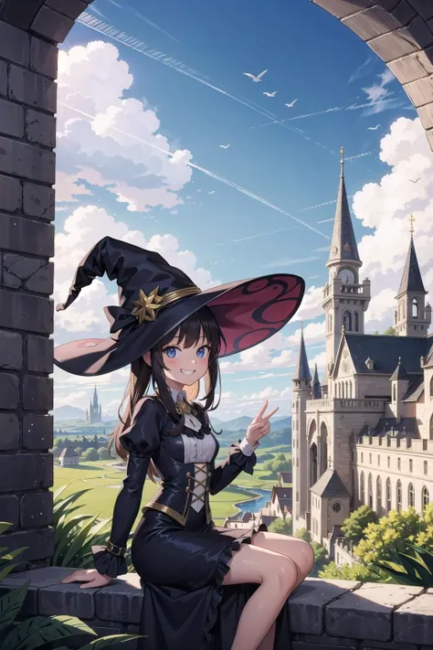 (masterpiece), scenery, fantasy, 1girl, dress, frills, witch hat, grin, magic