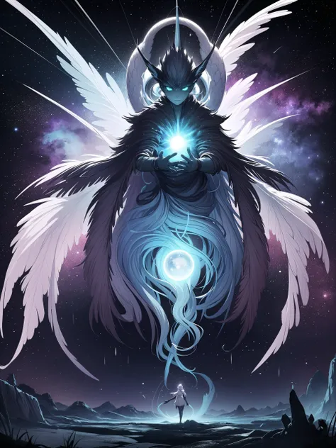 (masterpiece, top quality, best quality, official art, beautiful and aesthetic:1.2), alchemy, (animal spirit:1.1), ghost , bioluminescent, mysterious ambience, night sky, colorful,matrix,((planet, mythical, elemental, giant, god, stardust, meteor shower,)), dynamic pose,