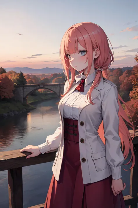 beautiful english woman standing on a bridge looking over the edge. dawn, cold, autumnal. volumetric light.
