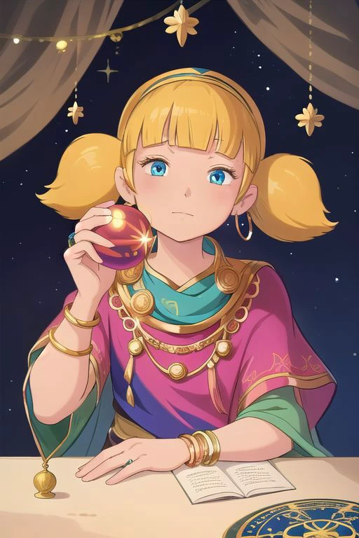 masterpiece, best quality, 1girl, penny, blonde hair, twintails, blunt bangs, blue eyes,
<lora:Penny:1>, (smile:0.7), solo, The gypsy astrologer is draped in layers of rich, flowing fabrics, adorned with a mix of vibrant colors. A headscarf or bandana, intricately patterned, frames their face, where mysterious eyes gaze with a mix of wisdom and enigma. Hoop earrings sway gently, catching the light. Beaded necklaces cascade over embroidered blouses, while bracelets and rings jingle softly with each movement. the gypsy astrologer cradles a crystal ball in weathered hands, its depths Seated at a worn wooden table, the gypsy astrologer cradles a crystal ball in weathered hands, its depths revealing glimpses of cosmic secrets. Tarot cards, worn with use, are spread across the table, each card telling a story of fate. The air is filled with an aura of ancient knowledge, accentuated by the faint scent of incense lingering in the background. Around the astrologer, the tent is adorned with celestial symbols, zodiac signs, and planetary alignments. Deep purples and indigos create a backdrop reminiscent of a night sky, where stars twinkle in a dance of fate. The atmosphere is both mystical and grounded, a balance of earthly wisdom and cosmic insight embodied by the gypsy astrologer., epic royal background, big royal uncropped crown, royal jewelry, robotic, nature, full shot,