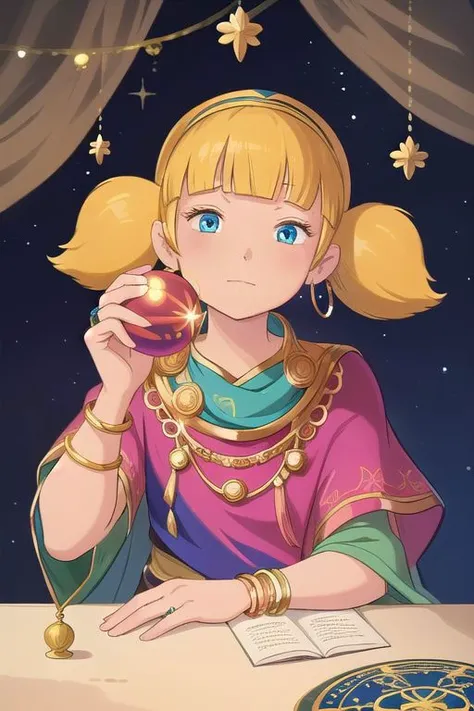masterpiece, best quality, 1girl, penny, blonde hair, twintails, blunt bangs, blue eyes,
<lora:Penny:1>, (smile:0.7), solo, The gypsy astrologer is draped in layers of rich, flowing fabrics, adorned with a mix of vibrant colors. A headscarf or bandana, intricately patterned, frames their face, where mysterious eyes gaze with a mix of wisdom and enigma. Hoop earrings sway gently, catching the light. Beaded necklaces cascade over embroidered blouses, while bracelets and rings jingle softly with each movement. the gypsy astrologer cradles a crystal ball in weathered hands, its depths Seated at a worn wooden table, the gypsy astrologer cradles a crystal ball in weathered hands, its depths revealing glimpses of cosmic secrets. Tarot cards, worn with use, are spread across the table, each card telling a story of fate. The air is filled with an aura of ancient knowledge, accentuated by the faint scent of incense lingering in the background. Around the astrologer, the tent is adorned with celestial symbols, zodiac signs, and planetary alignments. Deep purples and indigos create a backdrop reminiscent of a night sky, where stars twinkle in a dance of fate. The atmosphere is both mystical and grounded, a balance of earthly wisdom and cosmic insight embodied by the gypsy astrologer., epic royal background, big royal uncropped crown, royal jewelry, robotic, nature, full shot,