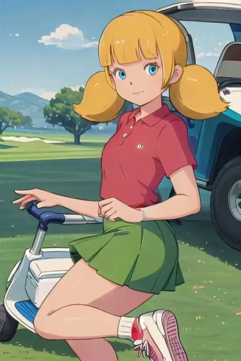 masterpiece, best quality, 1girl, penny, blonde hair, twintails, blunt bangs, blue eyes, <lora:Penny:1>, solo, butt, outdoors, green skirt, red polo shirt, looking at viewer, pleated skirt, day, (smile:0.6),  sneakers, playing golf, golf cart, golf course background