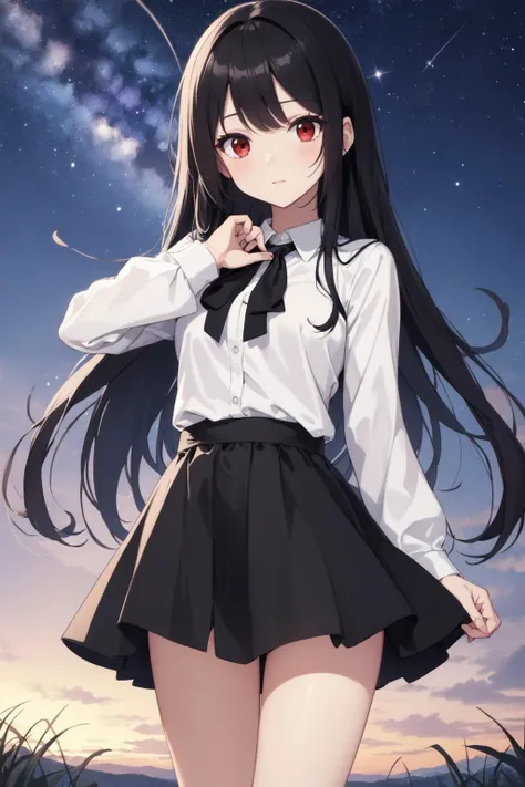 (masterpiece:1.2),best quality,extremely detailed,
BREAK
cute girl,solo,shiny skin,small breasts,very long hair,
detailed eyes,perfect anatomy,
cute eyes,(red eyes:1.3),(black hair:1.4),
BREAK
casual wear,white shirt,black skirt,
BREAK
meadow,galaxy sky,shooting star,at night,
BREAK
character focus,
BREAK