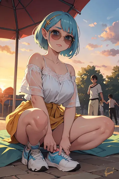 (masterpiece, best quality),female golden age, delicate, central asian, light blue eyes, large ears,  square chin with cleft, unique jaw, prominent cheeks, high forehead, oval face shape,   vintage-inspired makeup , pastel blue pixie cut hair, laugh wearing lace tanga, low-cut blouse, sneakers, hair clip,, looking over sunglasses, gazing over sunglasses with a sultry expression, adding a touch of mystery and allure, sunset lighting, the warm, golden glow of a sunset, adding a romantic and enchanting feel to the scene, a sunlit park, filled with children playing and families having picnics