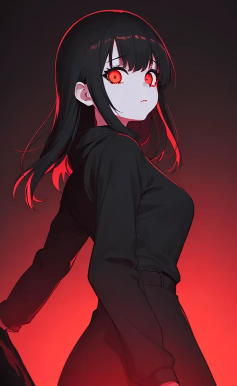 dark, cinematic lighting, scary, 1girl, black clothes, red, looking at viewer, low angle