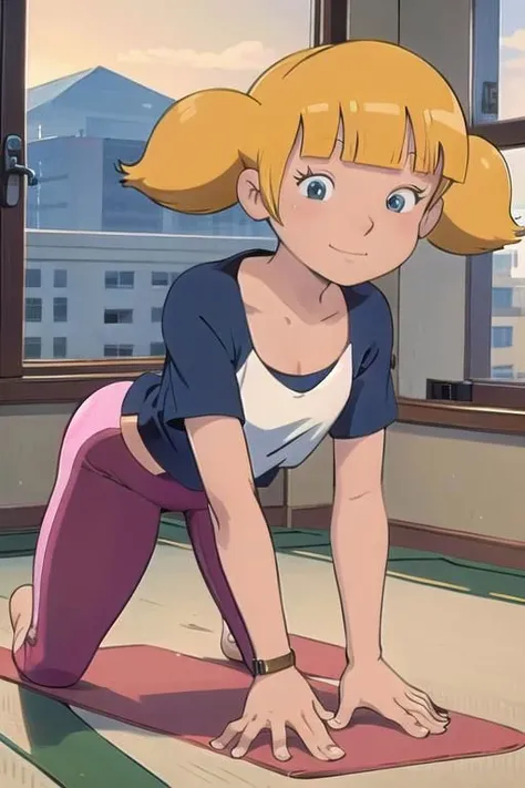 anime screencap, masterpiece, nice hands, best quality, 1girl, penny, solo, blonde hair, twintails, blunt bangs, flat chest, (smile:0.7), BREAK wearing Sports bra, Yoga pants, BREAK practicing yoga in a studio, yoga pose, bending over forward, BREAK French window, Yoga mat, gym,