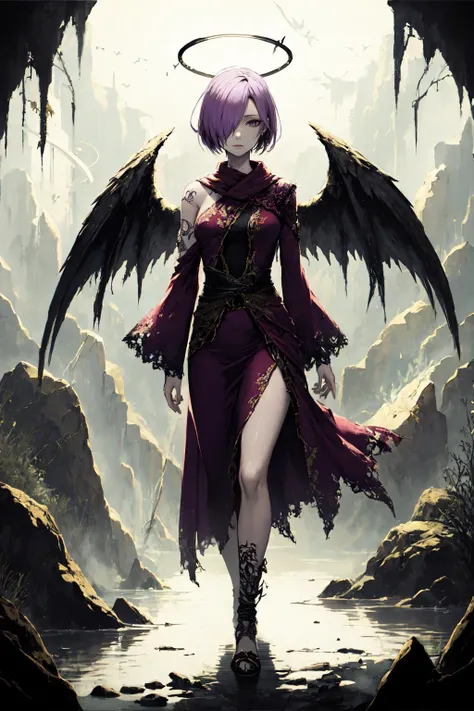 masterpiece, best quality, girl, short pale purple hair, long bangs, hair over eye, (intricate tattoos), mist gale, blowing fabric , halo, short hair, wings, energy wings, walking <lora:2shotStyle_v10:0.3> <lora:1shotStyle_v10:0.5> <lora:age slider -+4 v2 anime:1.8>