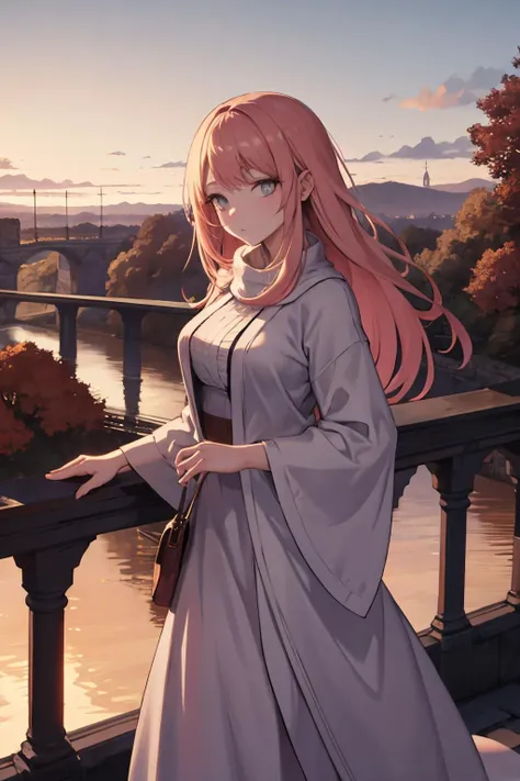beautiful english woman standing on a bridge looking over the edge. dawn, cold, autumnal. volumetric light.