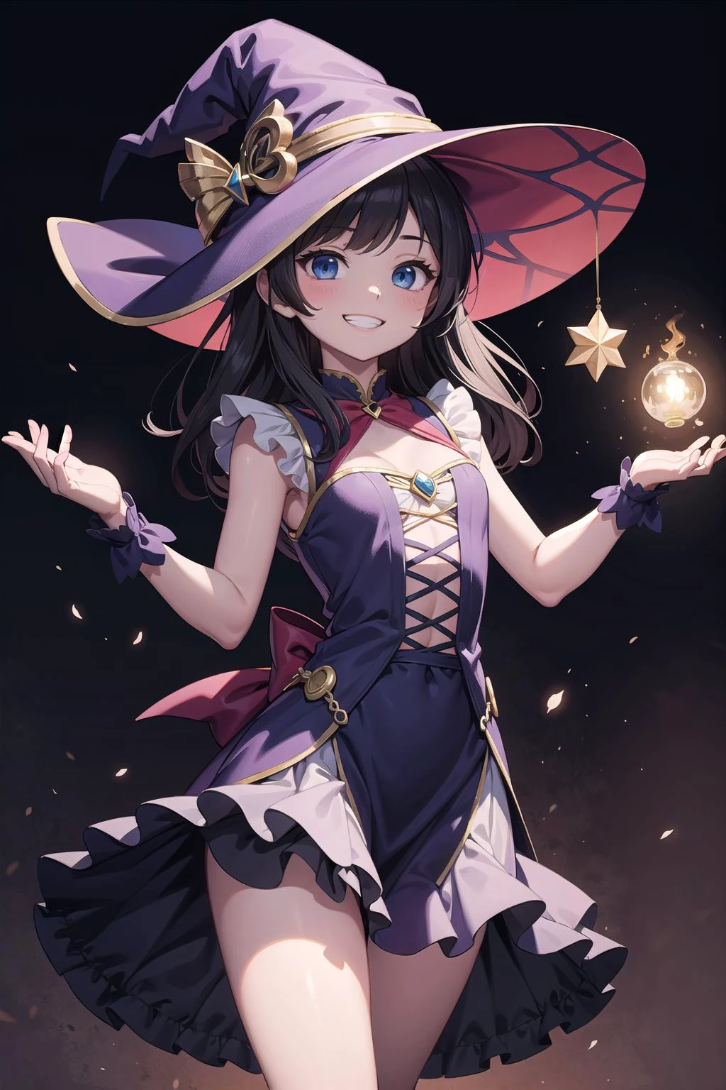 (masterpiece), fantasy, 1girl, dress, frills, witch hat, grin, magic