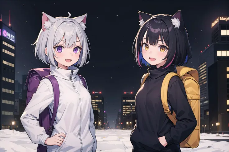(masterpiece), (2girls:1.2), black hair, silver hair, medium hair, short hair, multicolored hair, yellow eyes, purple eyes, medium breasts, winter, casual, cat ears, smile, open mouth, backpack