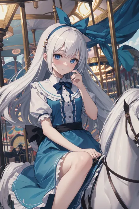 masterpiece, best quality, ultra detailed, highres, extremely detailed CG unity 8k wallpaper, perfect lighting, 1girl, very detailed background, beautiful and aesthetic,
day, blue sky, cloud, amusement park,
long hair, alice in wonderland, blue dress,pumps, white hair, dark persona, full-face blush, carousel,