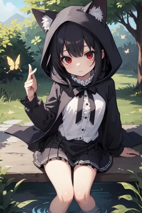 (masterpiece:1.2),best quality,extremely detailed,
BREAK
cute girl,(petite:1.3),solo,shiny skin,small breasts,very long hair,
detailed eyes,perfect anatomy,
cute eyes,(red eyes:1.3),(black hair:1.4),
BREAK
white shirt,black skirt frills,cat hood,
BREAK
forest,butterfly,flower,fantasy,
BREAK
character focus,looking at viewer,
BREAK