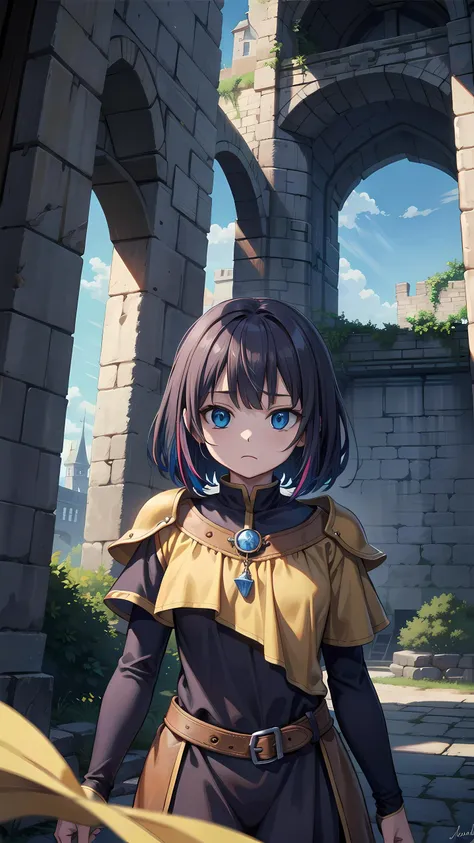 <lora:mocha2:0.5>, <lora:add_detail:0.3>, masterpiece, best quality, detailed background, cinematic lighting, vivid, colorful, sky, fantasy, medieval, castle, 1girl, character focus