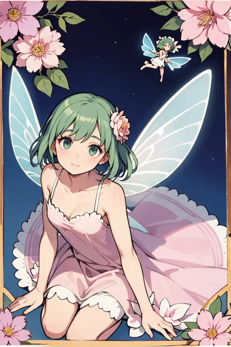 a delicate faerie flying over a large flower. wearing a demure flower dress. from above. art deco.
