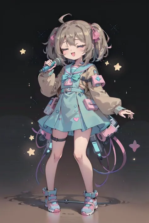 kawaii, cute colors, scifi, best quality, masterpiece, 1girl, fullbody, karaoke, signing, microphone, closed eyes, happy, :3, star \(symbol\), heart, neuro_sama, <lora:neuro:0.6>