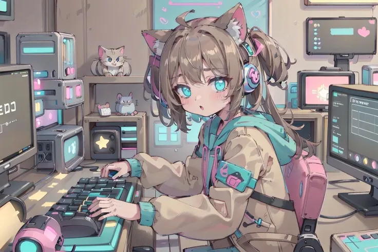 kawaii, cute colors, scifi, best quality, masterpiece, 1girl, girl room, playing games, computer, keyboard \(computer\), headphones with cat ears, mouse \(computer\), gaming chair, gaming, neuro_sama, <lora:neuro:1>