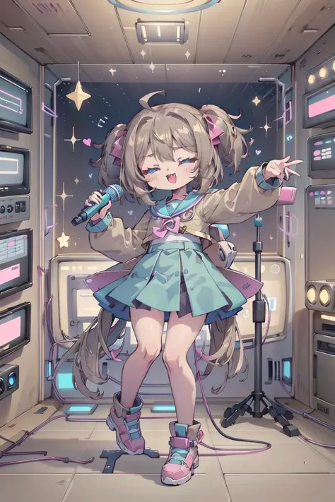 kawaii, cute colors, scifi, best quality, masterpiece, 1girl, fullbody, karaoke, karaoke box, studio, studio room, signing, microphone, microphone stand, closed eyes, happy, :3, star \(symbol\), heart \(symbol\), neuro_sama, <lora:neuro:1>