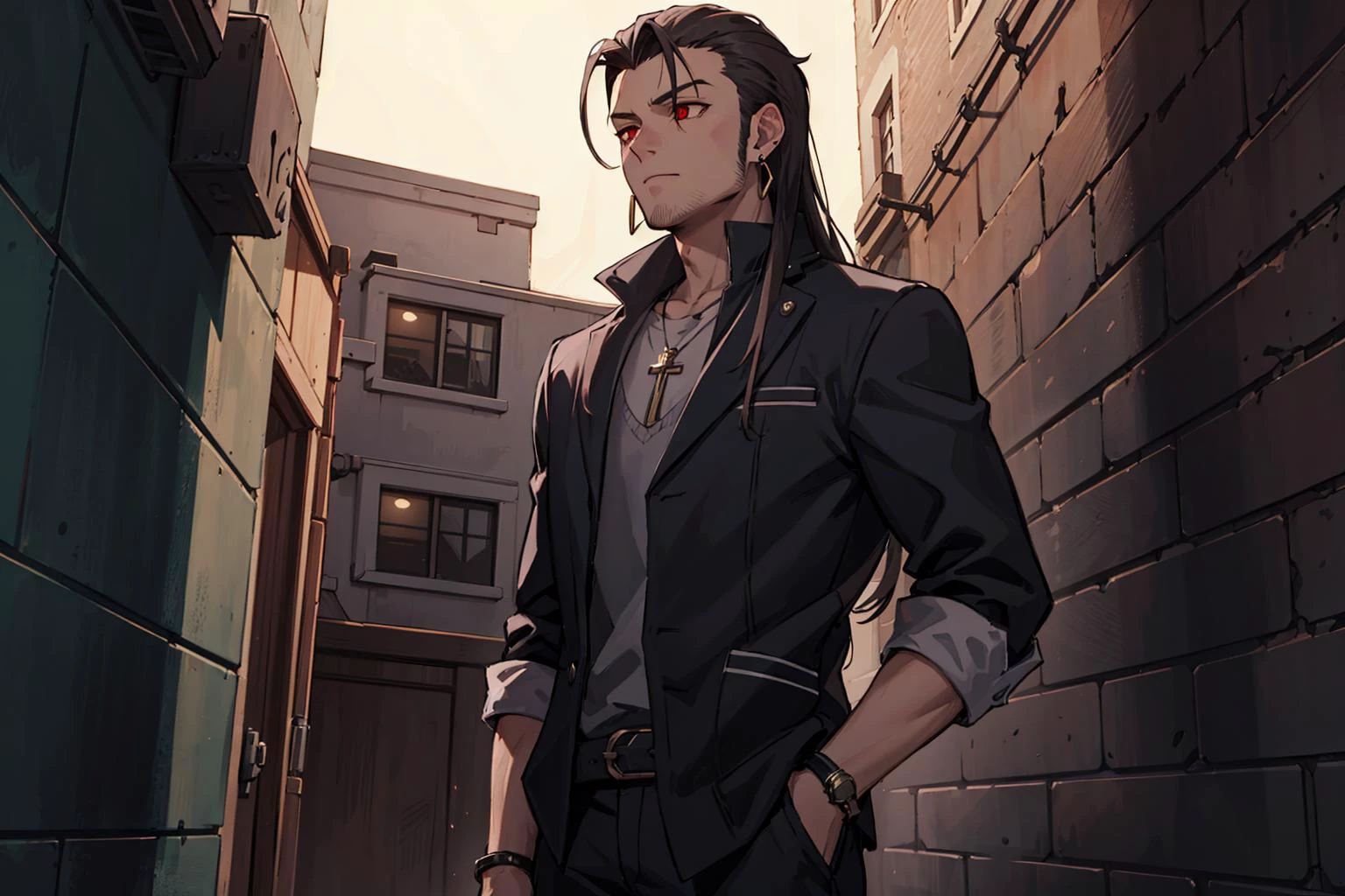 (masterpiece), best quality, high resolution, extremely detailed, detailed background, alley, cinematic lighting, (1guy:1.2), against wall, red eyes, looking down, forehead, sideburns, long hair, (earrings, multiple rings:1.1), (dim lighting:1.5),