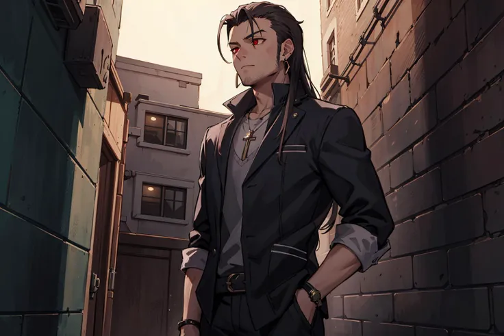 (masterpiece), best quality, high resolution, extremely detailed, detailed background, alley,  cinematic lighting, (1guy:1.2), against wall,  red eyes, looking down,  forehead, sideburns, long hair, (earrings, multiple rings:1.1), (dim lighting:1.5),