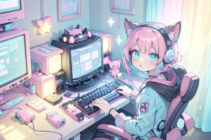 <lora:KawaiiTech:1.25>, kawaiitech, kawaii, cute colors, pastel colors, best quality, masterpiece, 1girl, solo, pink and turquoise theme, girl room, playing games, pink computer, keyboard \(computer\), headphones, mouse \(computer\), gaming chair,