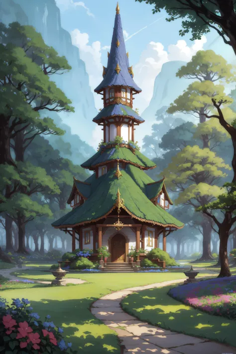 Detailed concept art of a fantasy village, surrounded by lush greenery and tall trees, with elegant elven architecture, intricate details and vibrant colors, inspired by the works of Thomas Kinkade and Alan Lee. (Long shot)