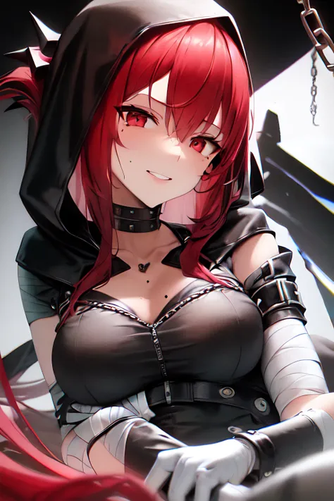 masterpiece, best quality, 1girl, red hair,bandaged_arm, bandages, bangs, black_background, breasts, chain, collarbone, cuffs, eyebrows_visible_through_hair, gloves, hand_on_own_cheek, hand_on_own_face, hood, hood_up, looking_at_viewer, mole, mole_under_eye, red_eyes, red_hair, smile, solo,skull