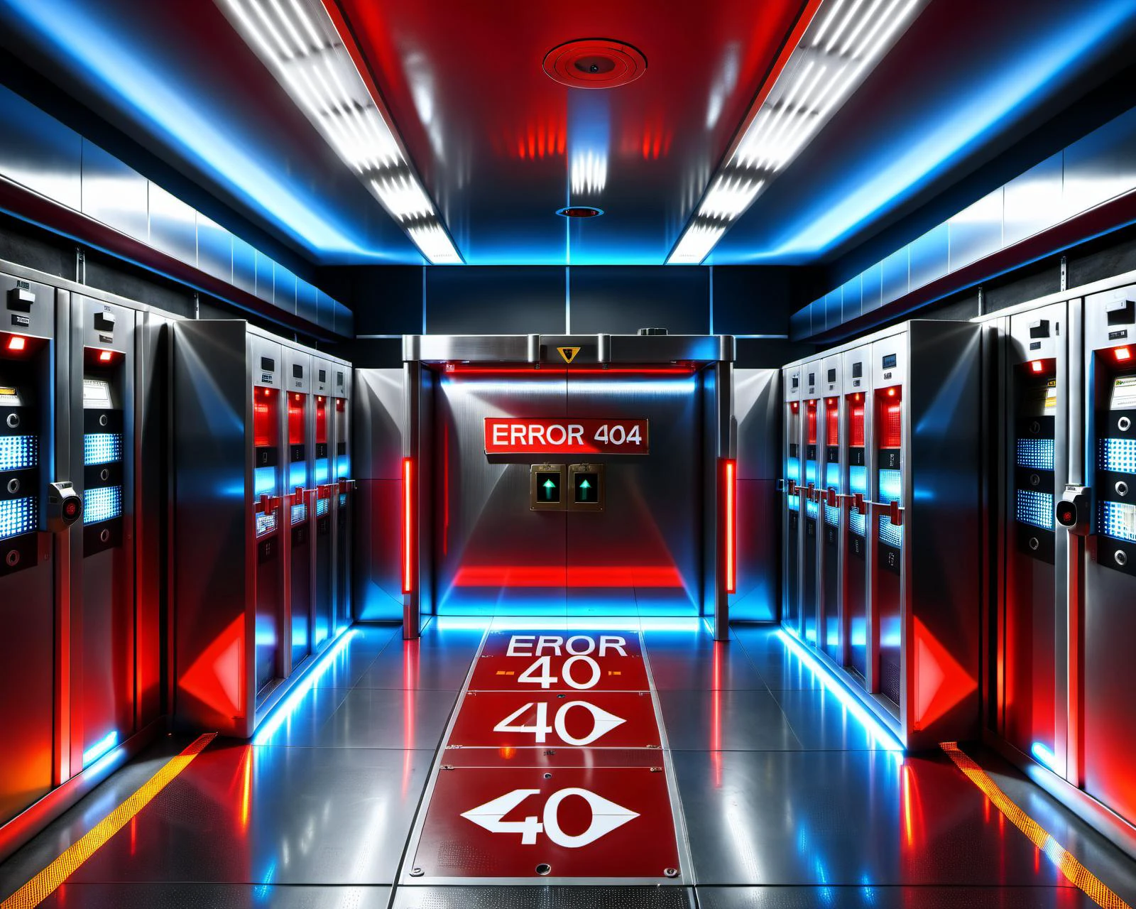 (photorealistic), (masterpiece), (photography),, (professional lighting),
(vault of a bank completely empty), in the middle of the room you can see a metal table, the rest of the room is in darkness, inside a hypertechnological vault,
(all the safe deposit boxes open), (stolen and empty security boxes). The floor is very technological. (The lights are off), there are only two red emergency lights on. The floor is very technological. Emergency red lights,
(There is screen in a security terminal) with a big text logo that says ("ERROR 404":1.9)
very high security environment, footsteps on the ground <lora:add-detail-xl:2> <lora:Harrlogos_v1.1:1> text logo
holographic superimposed warning