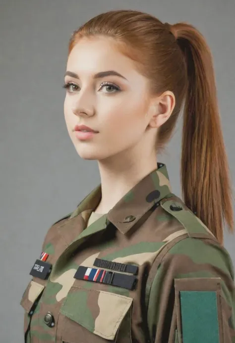 18 year old medium build, British woman. Military fatigues. Short auburn hair in a ponytail.