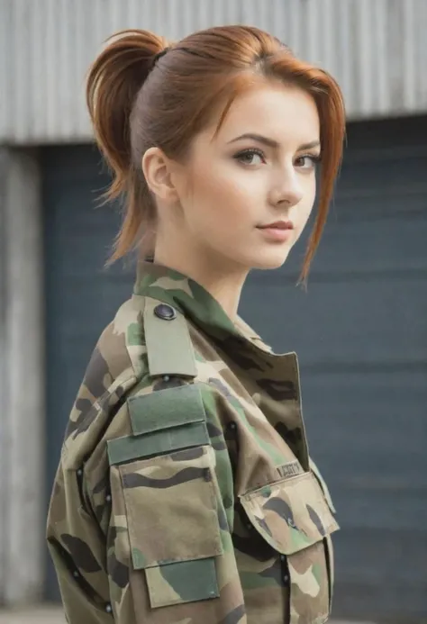 18 year old medium build, British woman. Military fatigues. Short auburn hair in a ponytail.